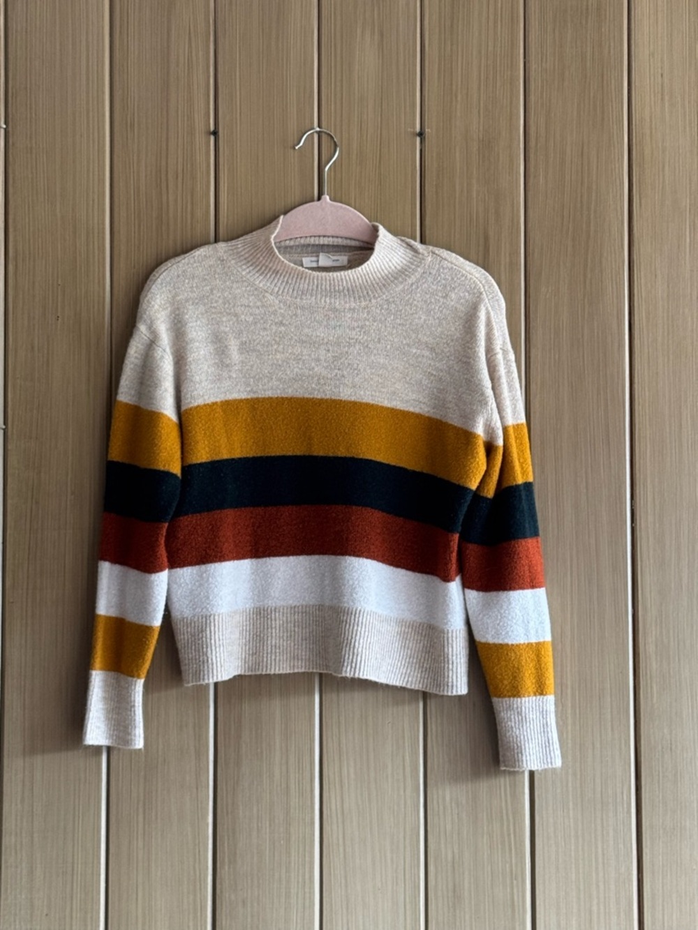 Striped Crewneck Sweater in Beige with Mustard & Rust